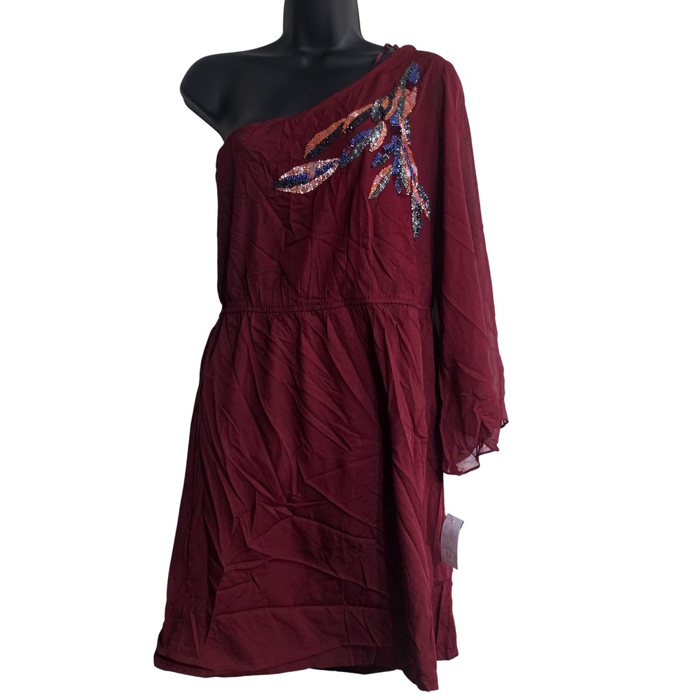 Angie Burgundy One Shoulder Beaded Mini Dress Womens Medium New Bell Sleeve Boho